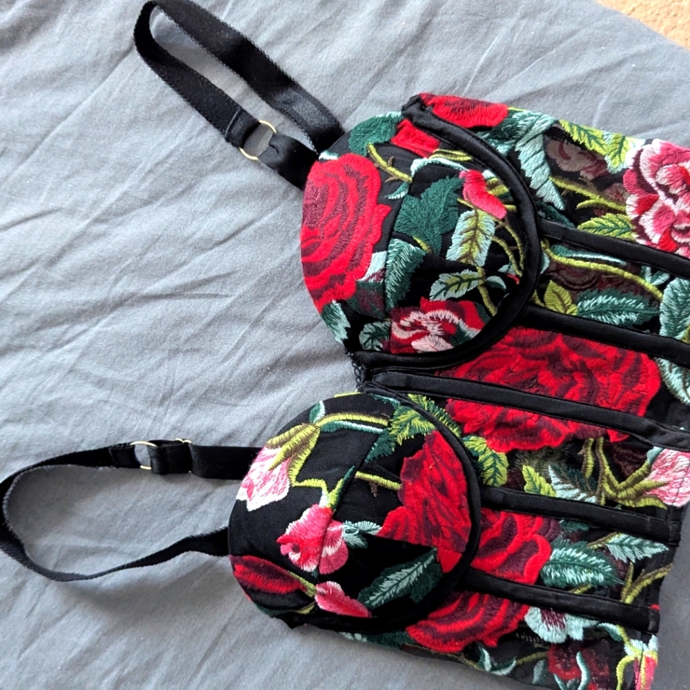 GUESS by Marciano Rose Embroidered Mesh Bustier Top - Size 0